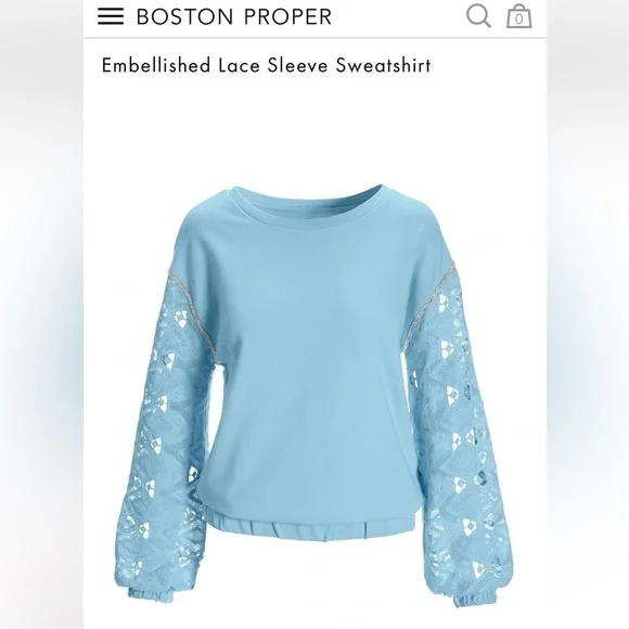 Embellished Lace Sleeve Sweatshirt Airy Blue by Boston proper S pullover stretch - Picture 8 of 10